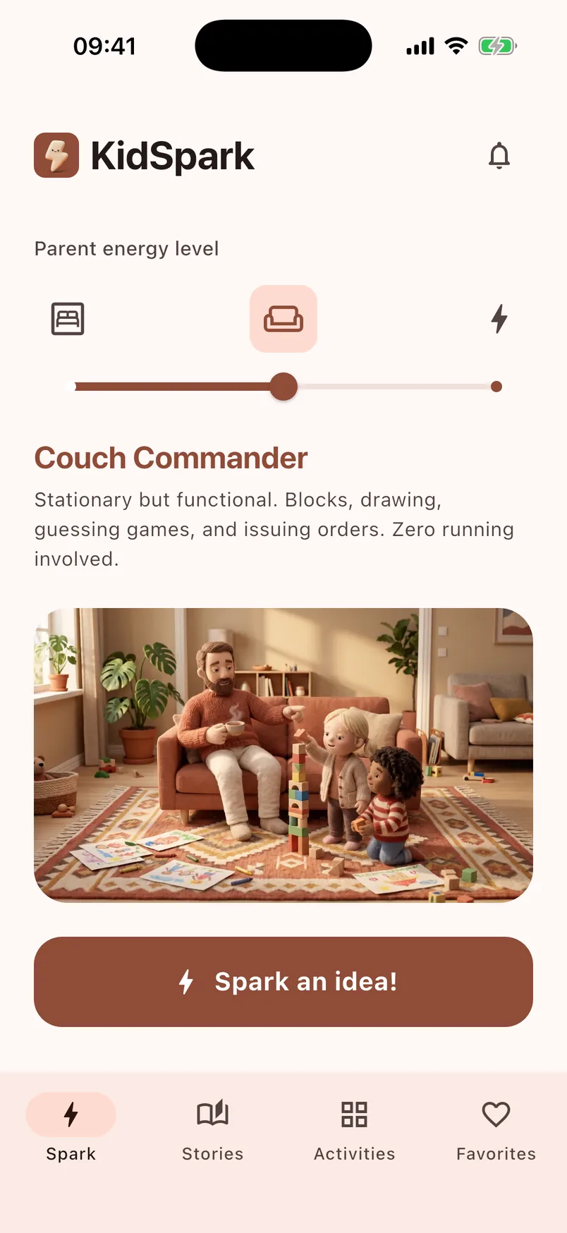 KidSpark home screen: the parent energy slider set to “Couch Commander” and the “Spark an idea!” button