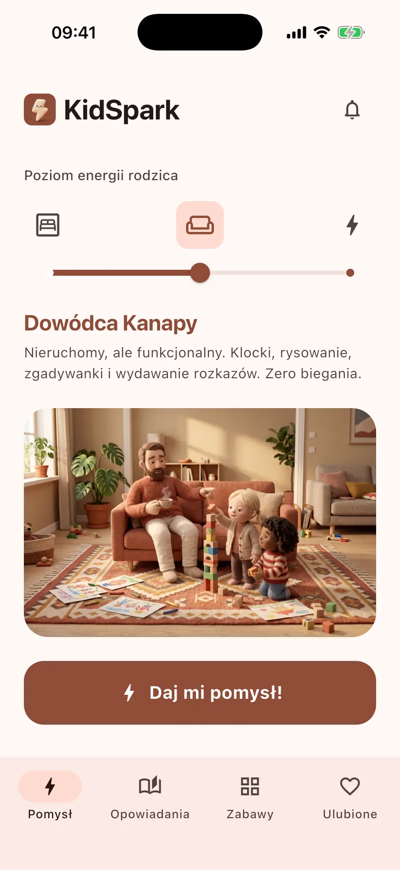 Ekran główny aplikacji KidSpark: suwak energii rodzica ustawiony na „Dowódca Kanapy” i przycisk „Daj mi pomysł!”