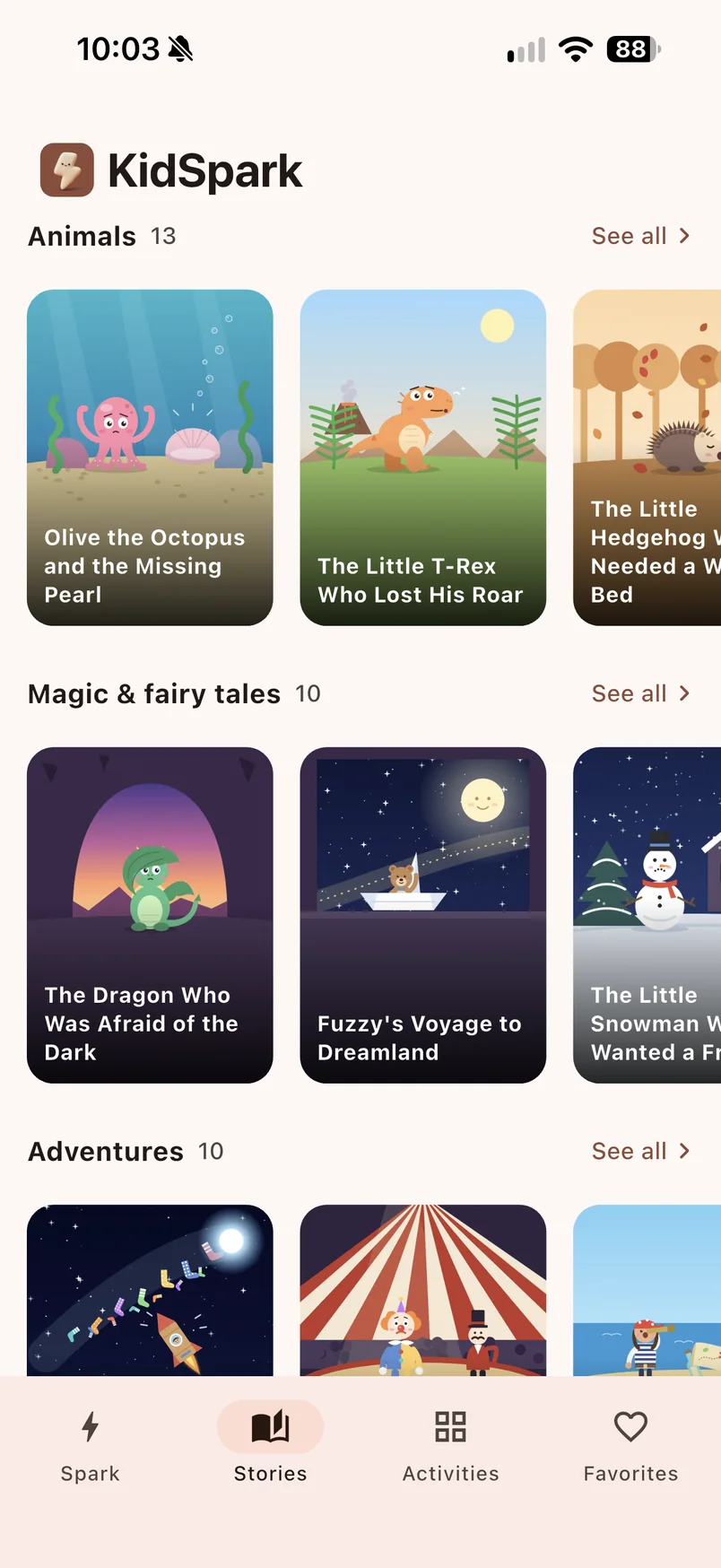 The Stories tab with shelves