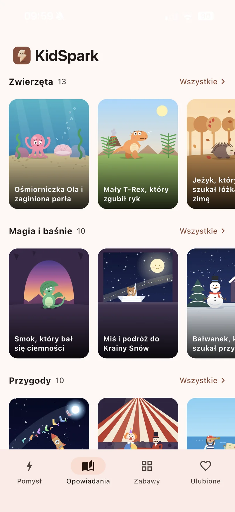 Zakładka „Opowiadania” z półkami